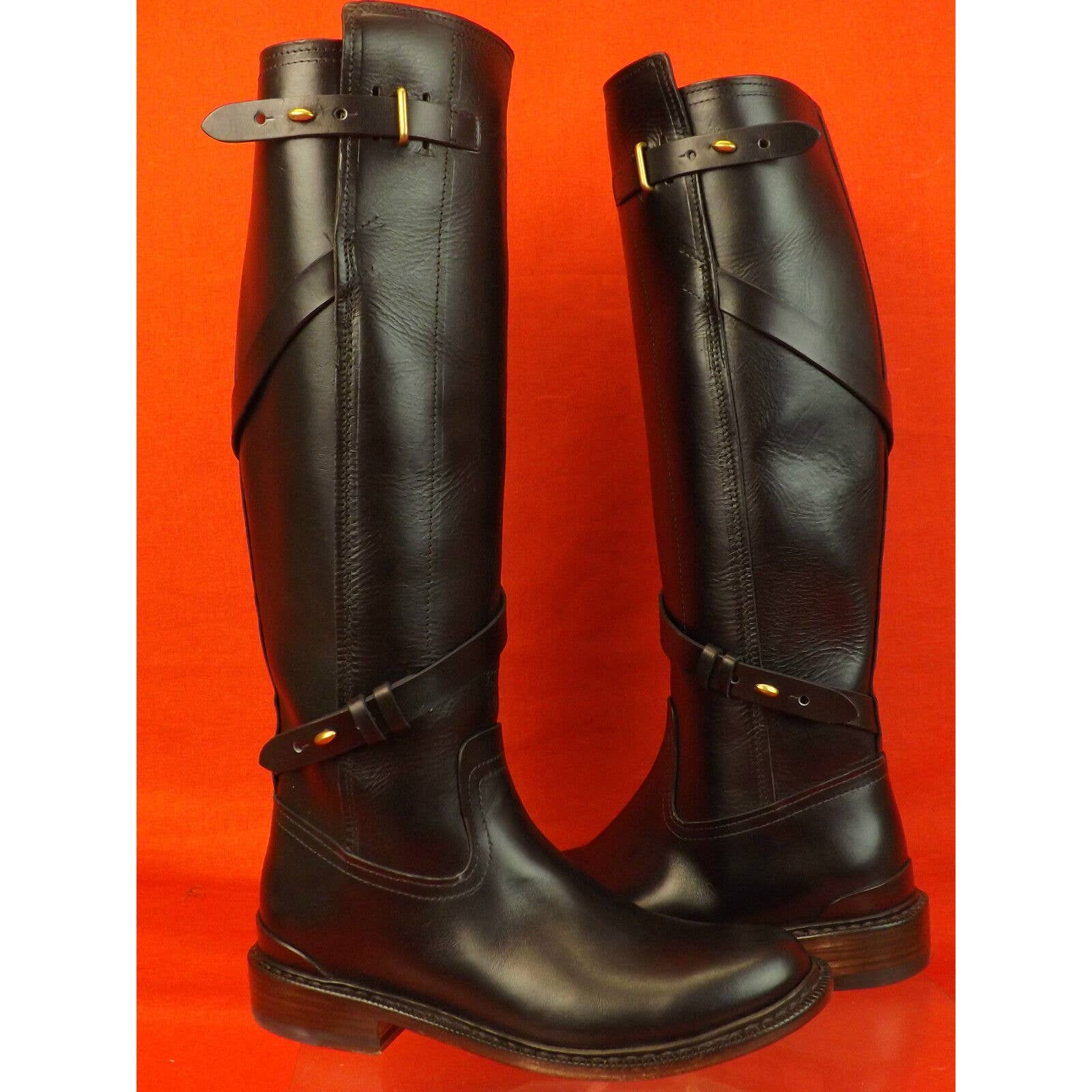 New Rag & Bone Reed Black Leather Goodyear Belted Moto Tall Riding Boots 35 $850